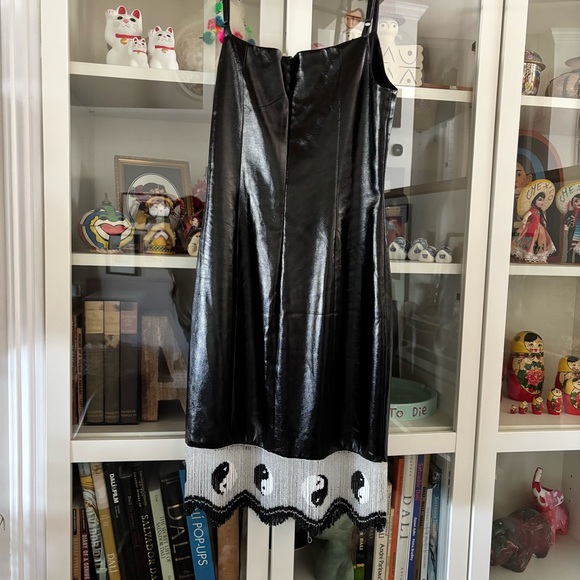 Staud Vegan Leather Dress with Yin Yang Beaded Fringe Hem size 8 fits small - Picture 4 of 5